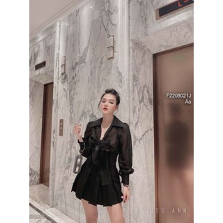 Áo sơ mi voan tơ cột nơ ngực bo chun eo tay dài!