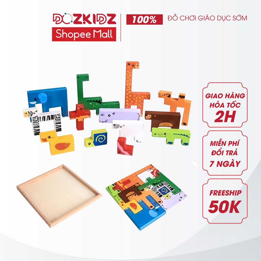 Đồ chơi gỗ tư duy sáng tạo - Ghép hình logic 13 con vật - DOZKIDZ