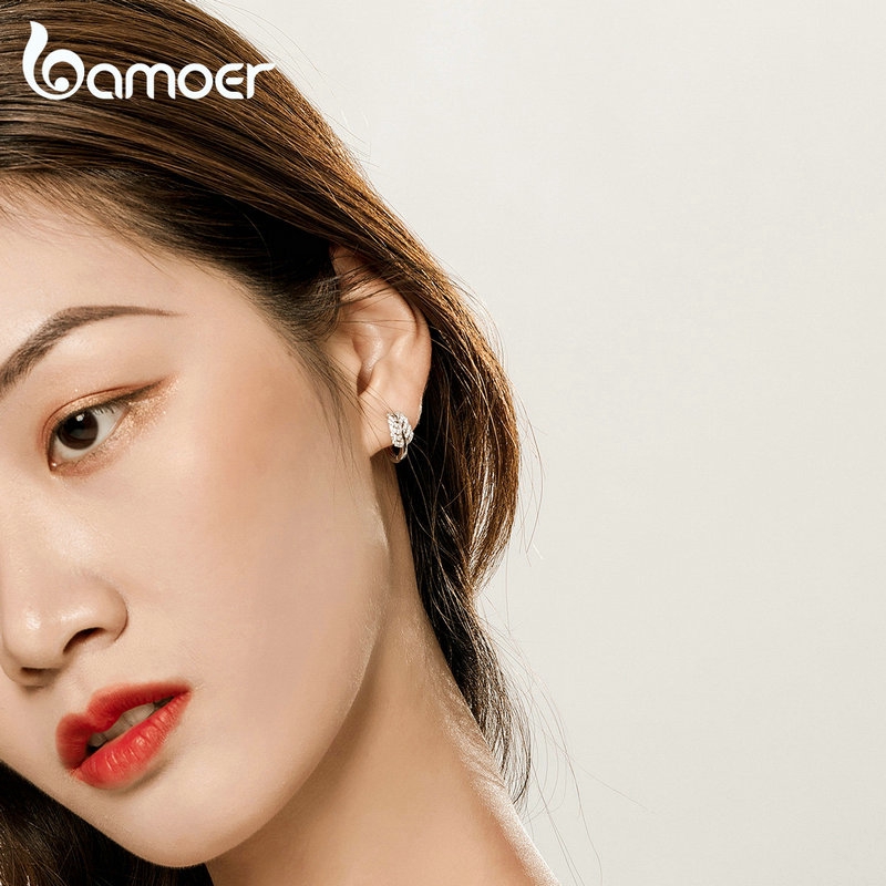 Khuyên Tai Bamoer Bằng Bạc 925 Đính Đá Hình Lông Vũ Sang Trọng