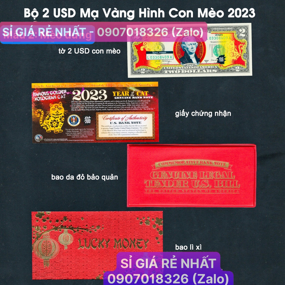 (3 Combo) TỜ 2 USD HÌNH CON Mèo 2023 MẠ VÀNG MỸ LÌ XÌ TẾT [MÈO ĐỨNG]