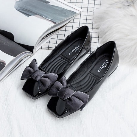 Giày nữ cao cấp_Giày búp bê mũi vuông nơ trước siêu xinh. Giày bệt nữ thời trang phong cách.