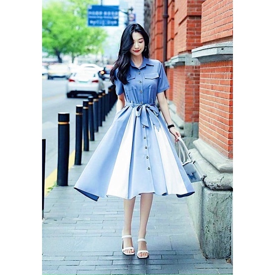 Đầm váy xanh túi hộp phối trắng