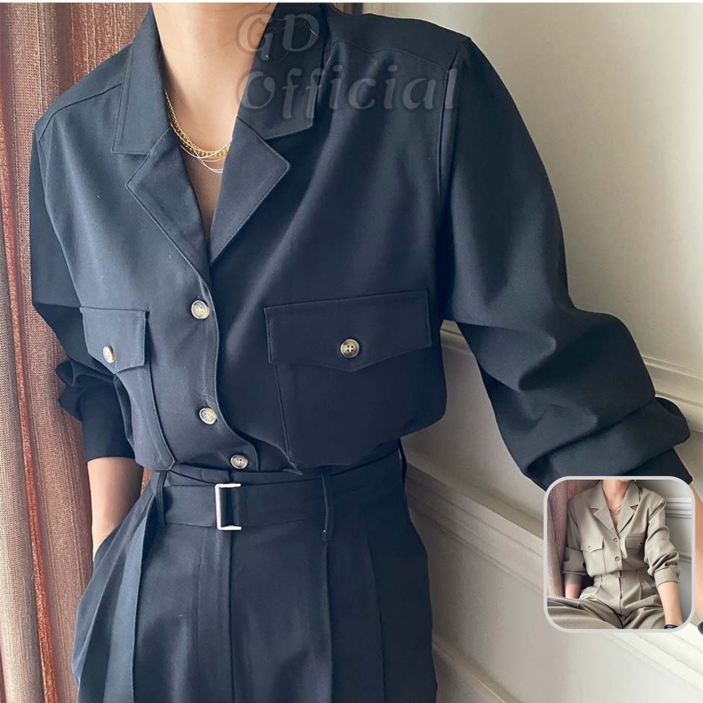 Set bộ nữ áo sơ mi cổ vest polo dài tay rộng cotton, quần cạp lưng cao kèm thắt lưng suông màu kaki, đen GD Official