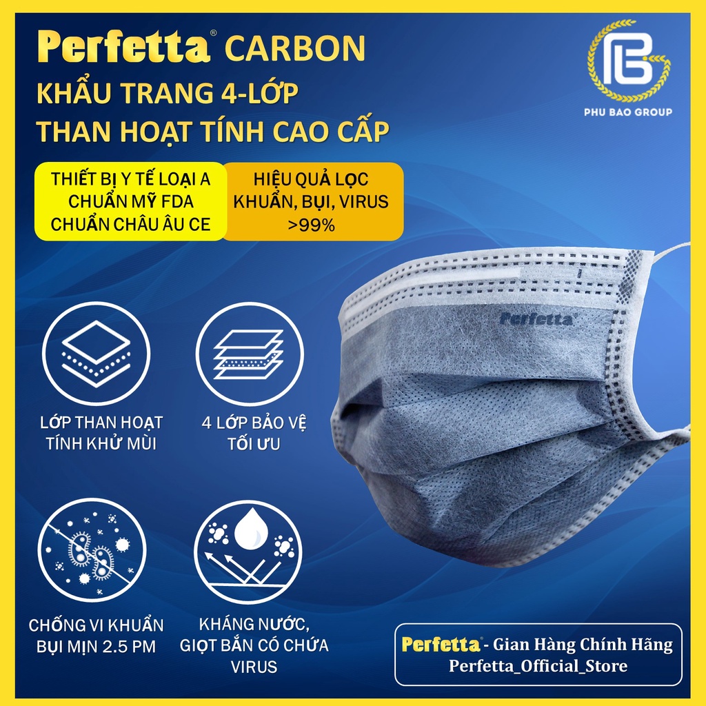 Combo 1 hộp và 2 gói Khẩu trang 4 lớp than hoạt tính Perfetta Carbon