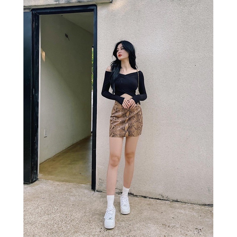 Áo croptop nữ tay dài HHVINTAGE kiểu chéo hai vạt thun co giãn TOP A55