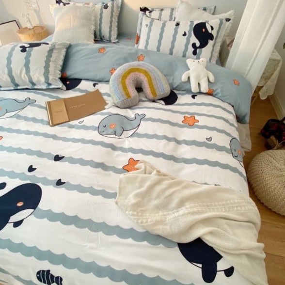 Bộ chăn ga gối cotton poly Cá Heo Xanh