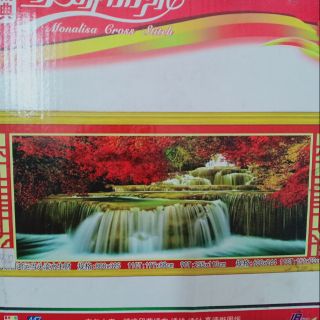 Tranh thêu chữ thập phong cảnh rừng cây lá đỏ thác nước nên thơ kt 197*88cm(hình thật)
