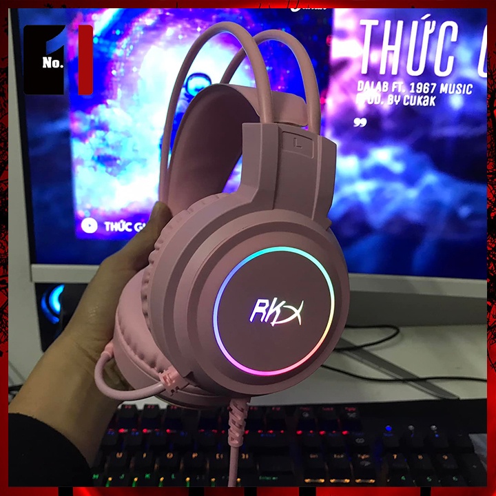 Tai Nghe Headphone Gaming Chụp Tai Màu Hồng RKX 7.1 Led RGB Tai Nghe Máy Tính Laptop Nghe Nhạc Có Mic