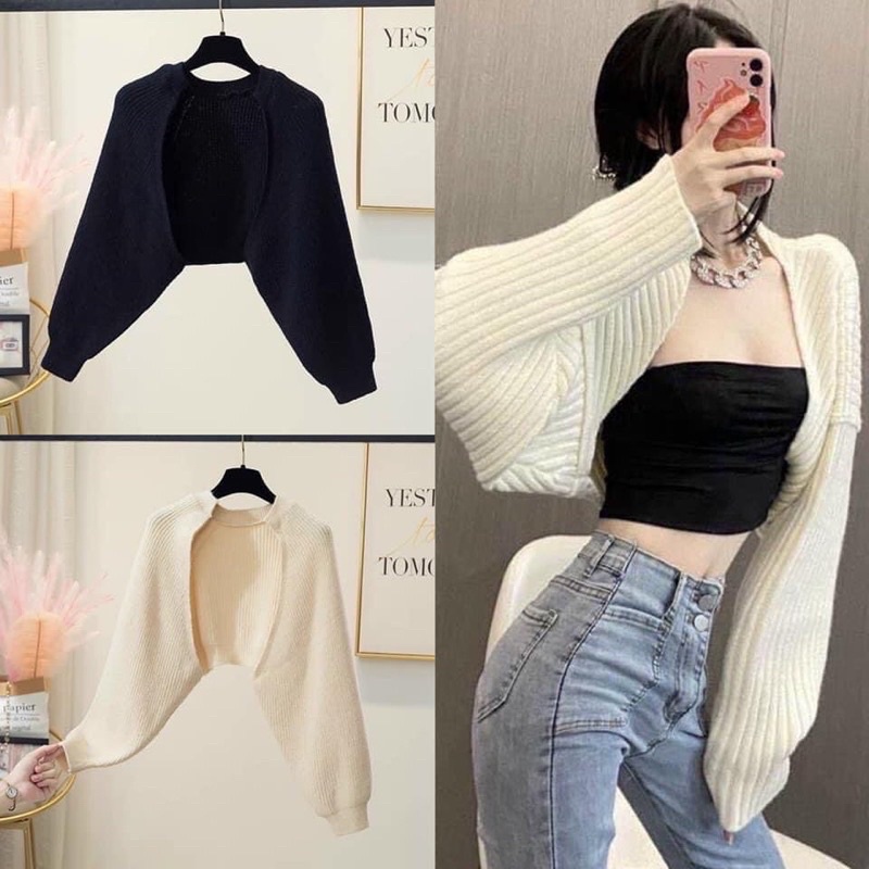 ÁO KHOÁC CARDIGAN GÂN LEN FOM CROPTOP PHỐI ÁO DÂY ÁO ỐNG CDG9