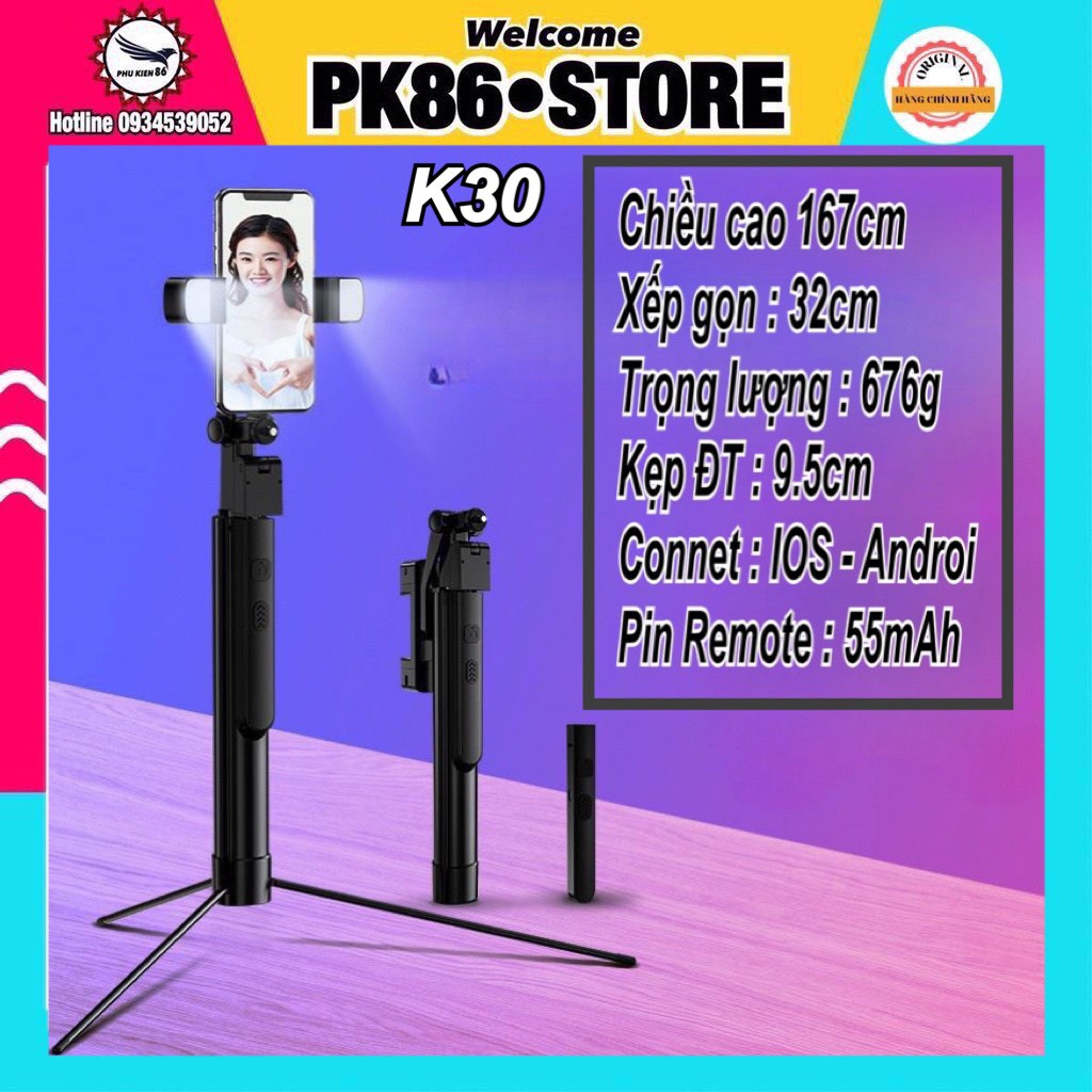 Gậy chụp ảnh Selfie tự sướng Tripod 3 chân điện thoại Bluetooth K30 livestream quay tiktok giá đỡ Gimbal
