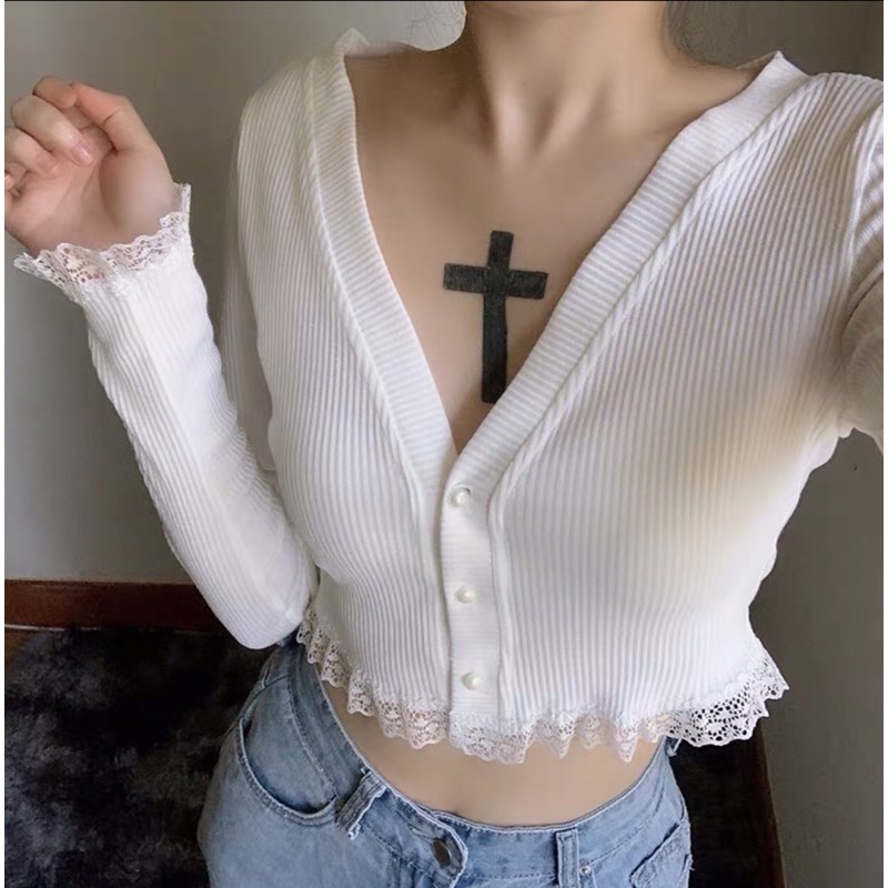 Áo croptop tay dài phối ren