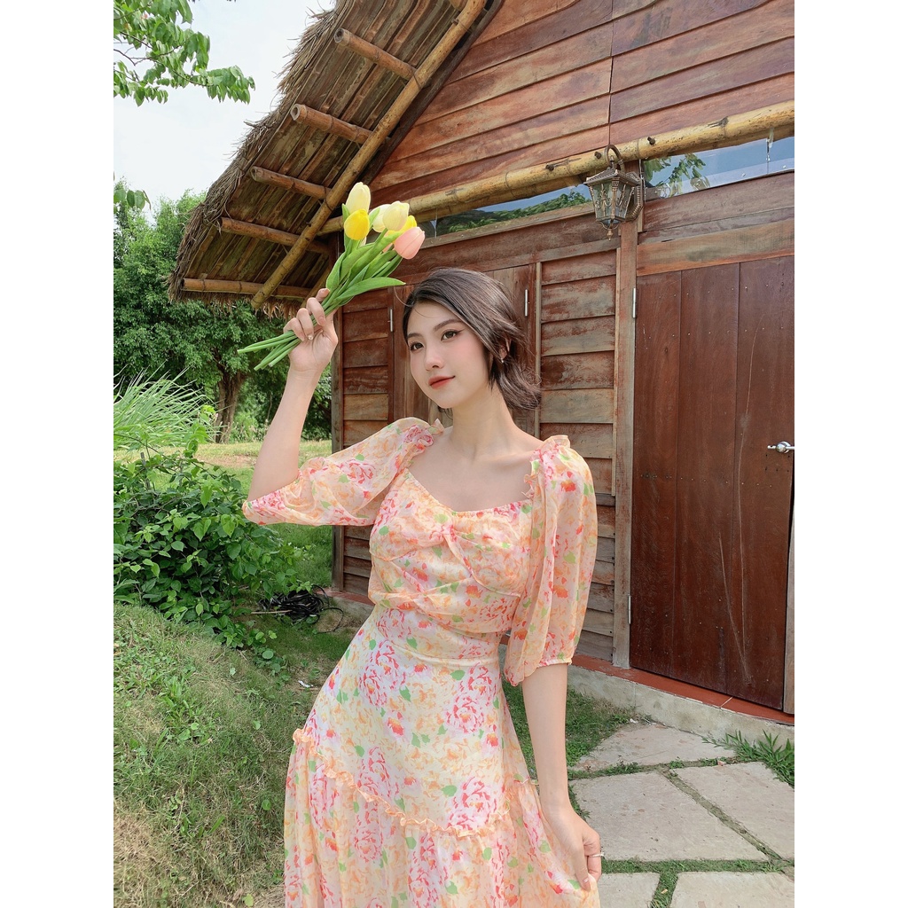 Đầm maxi dài vai bèo cổ trễ váy nữ vải tơ hoạ tiết hoa in thiết kế mặc đi chơi du lịch biển nghỉ mát resort dự tiệc