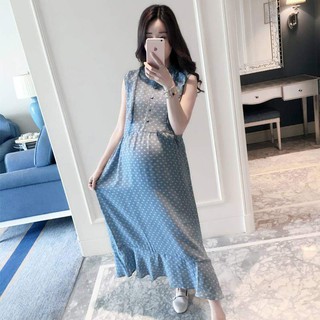 Đầm  bầu xanh chấm bi Voan cao cấp HQ