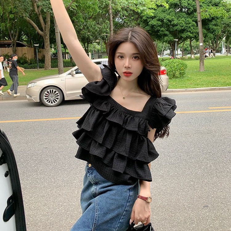 Jiashucheng Áo Sơ Mi Ngắn Cổ Vuông Tay Bèo Ngọt Ngào Đơn Giản Thời Trang Mùa Hè 2023 Phong Cách Mới