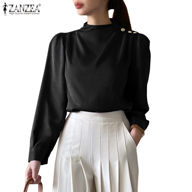 Áo sơ mi ZANZEA tay dài cổ đứng thiết kế cài nút thời trang Hàn Quốc dành cho nữ