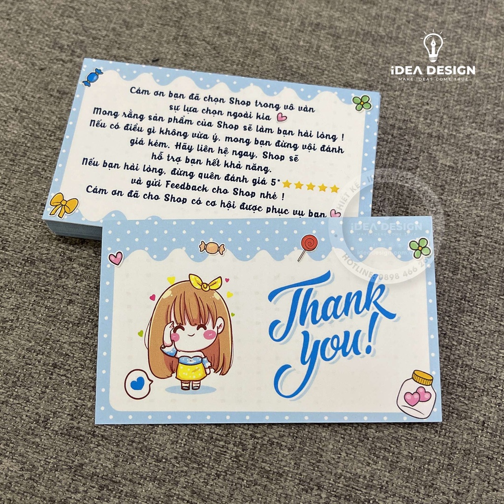 Card Cám Ơn, Card Thank You, Thiệp Cảm Ơn - Size 9x5,4cm - Giấy C300 Cán Màng Mờ 2 Mặt Hình Cô Gái Dễ Thương 4 Màu