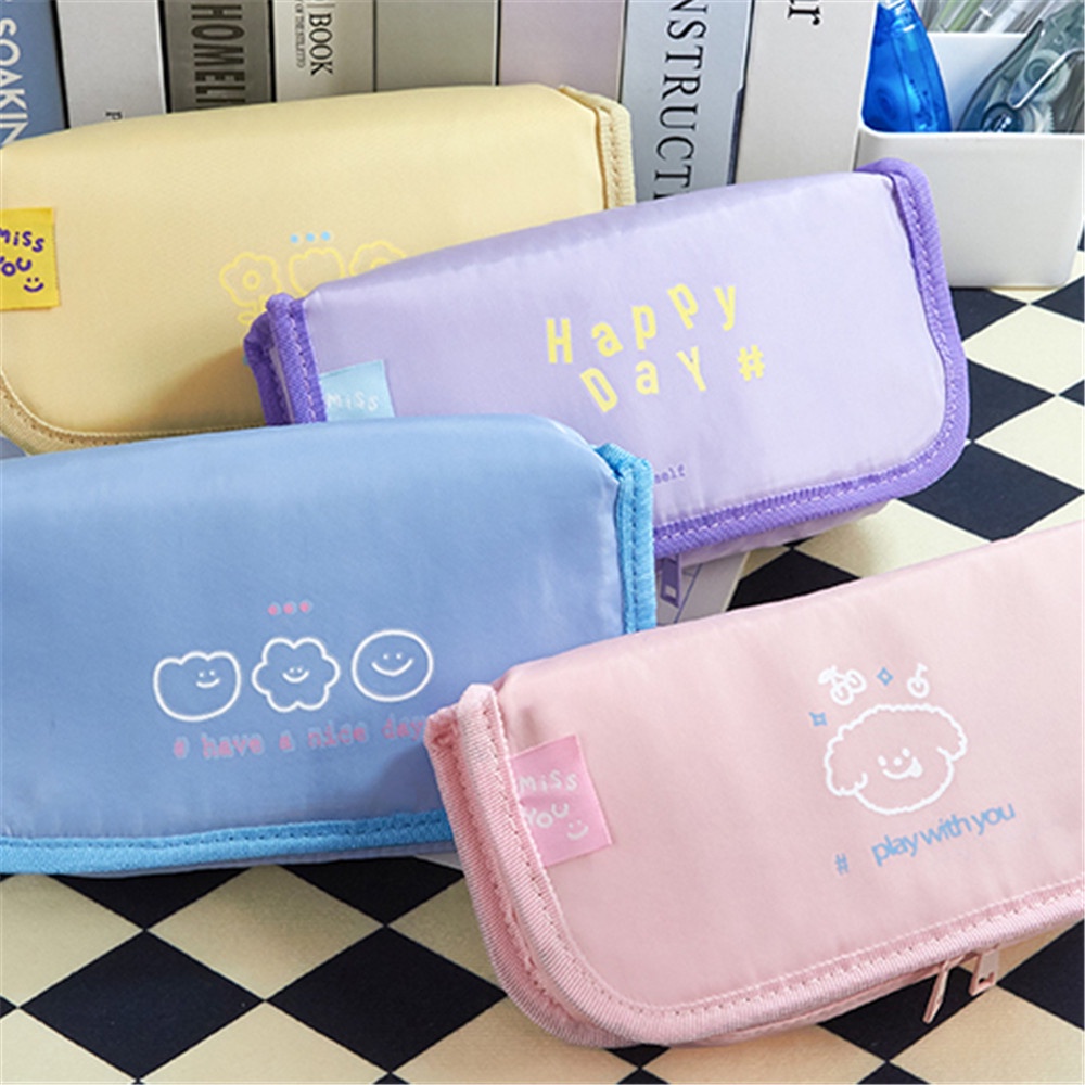 Cod Qipin Túi Đựng Bút Chì Mỹ Phẩm Để Bàn Nắp Lật Hai Ngăn Hình Chữ Nhật Màu Kẹo Đơn Giản INS Dành Cho Bạn Nữ