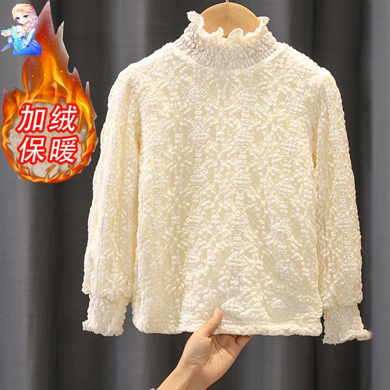 Áo Thun Cổ Cao Bằng Vải Lông Cừu Phối Ren Phong Cách Hàn Quốc Thời Trang Mùa Đông Mới Cho Bé Gái