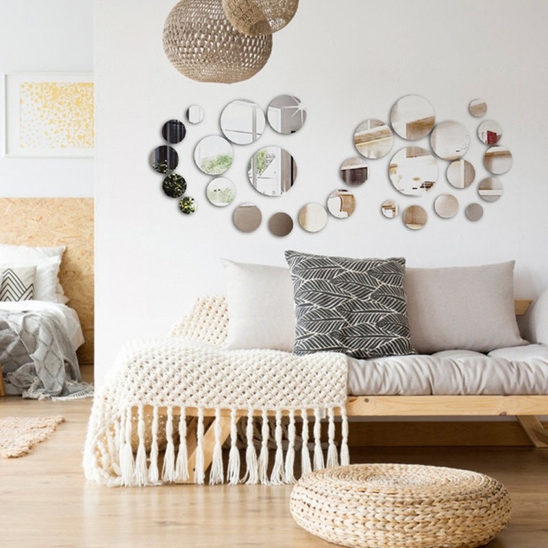 Bộ 28 Miếng Dán Tường Tráng Gương Hình Tròn Bằng Acrylic Hiện Đại DIY