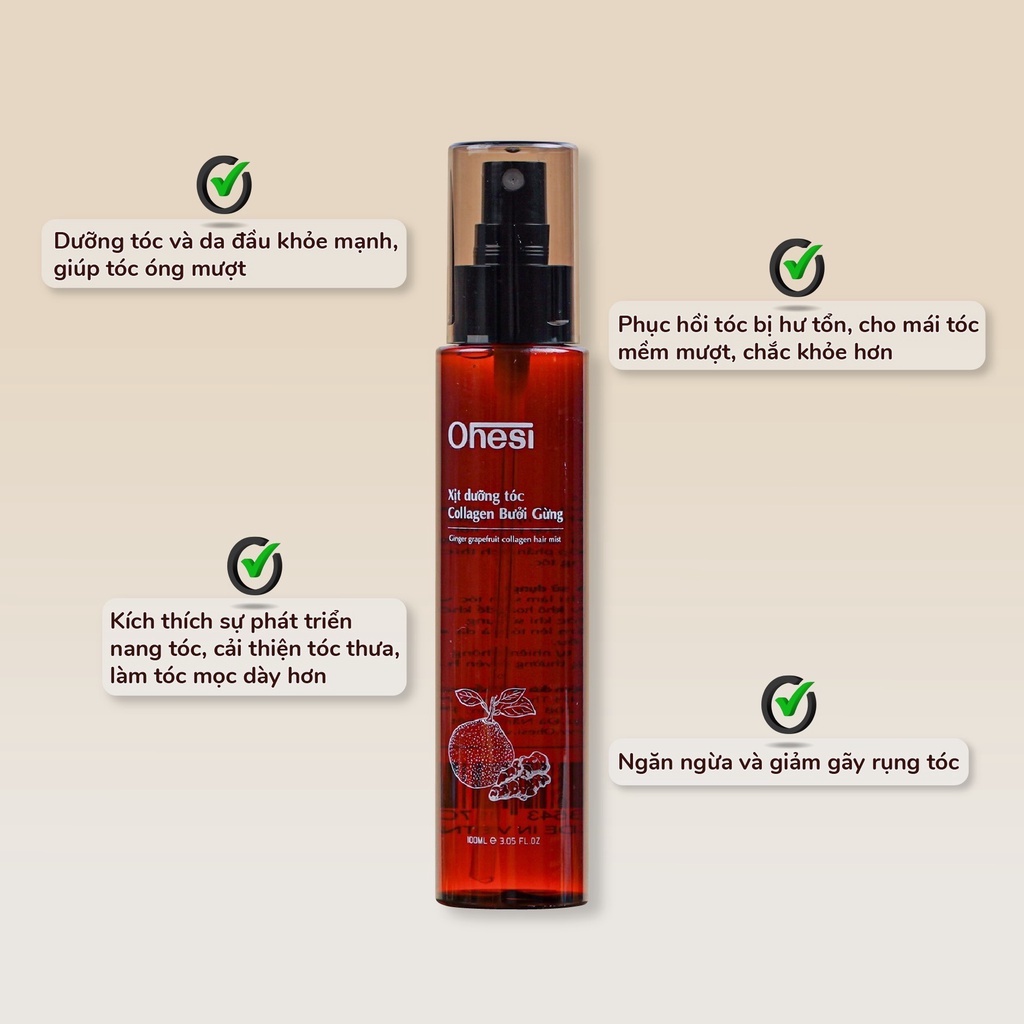 Xịt dưỡng tóc Collagen Bưởi gừng Ohesi 100ml, mọc tóc, giảm rụng tóc, phục hồi hư tổn