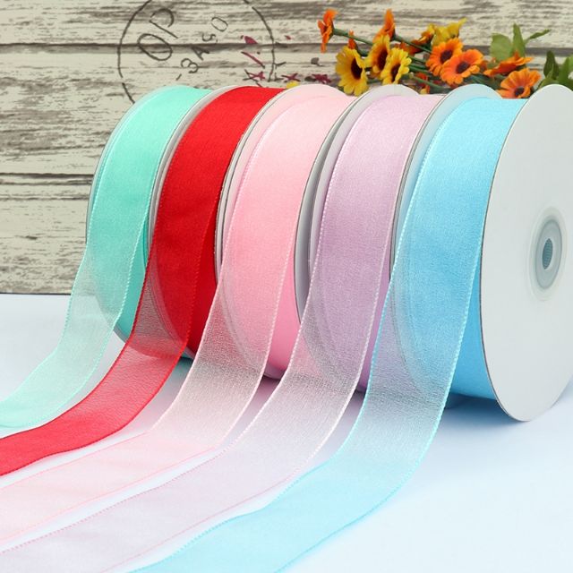(Lẻ m)Ruy băng voan nhũ trong suốt bo viền bản 25mm