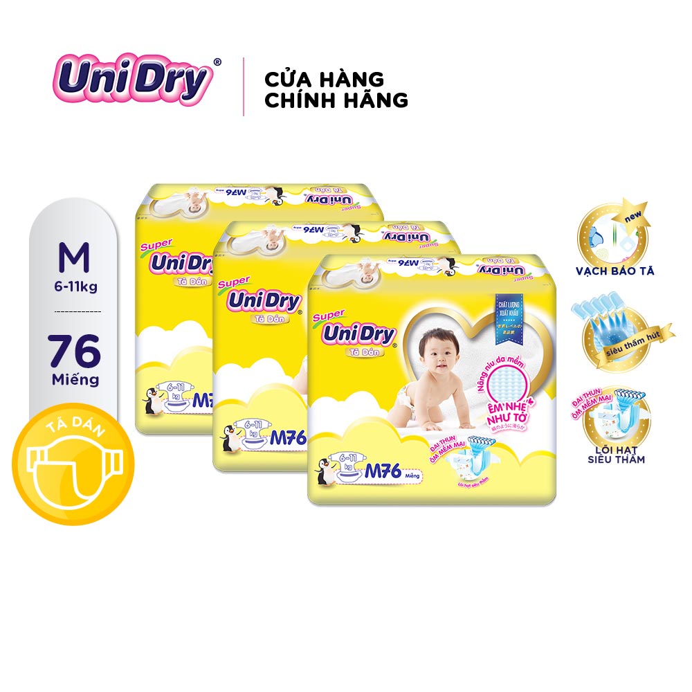 Combo 3 Tã dán UniDry Siêu khô thoáng gói Super Jumbo size M76/L68/XL62