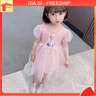 Váy công chúa bé gái 9m-5 tuổi cộc tay phối ren hình elsa và trái tim, Đầm dự tiệc cho bé cao cấp điệu đà đáng yêu