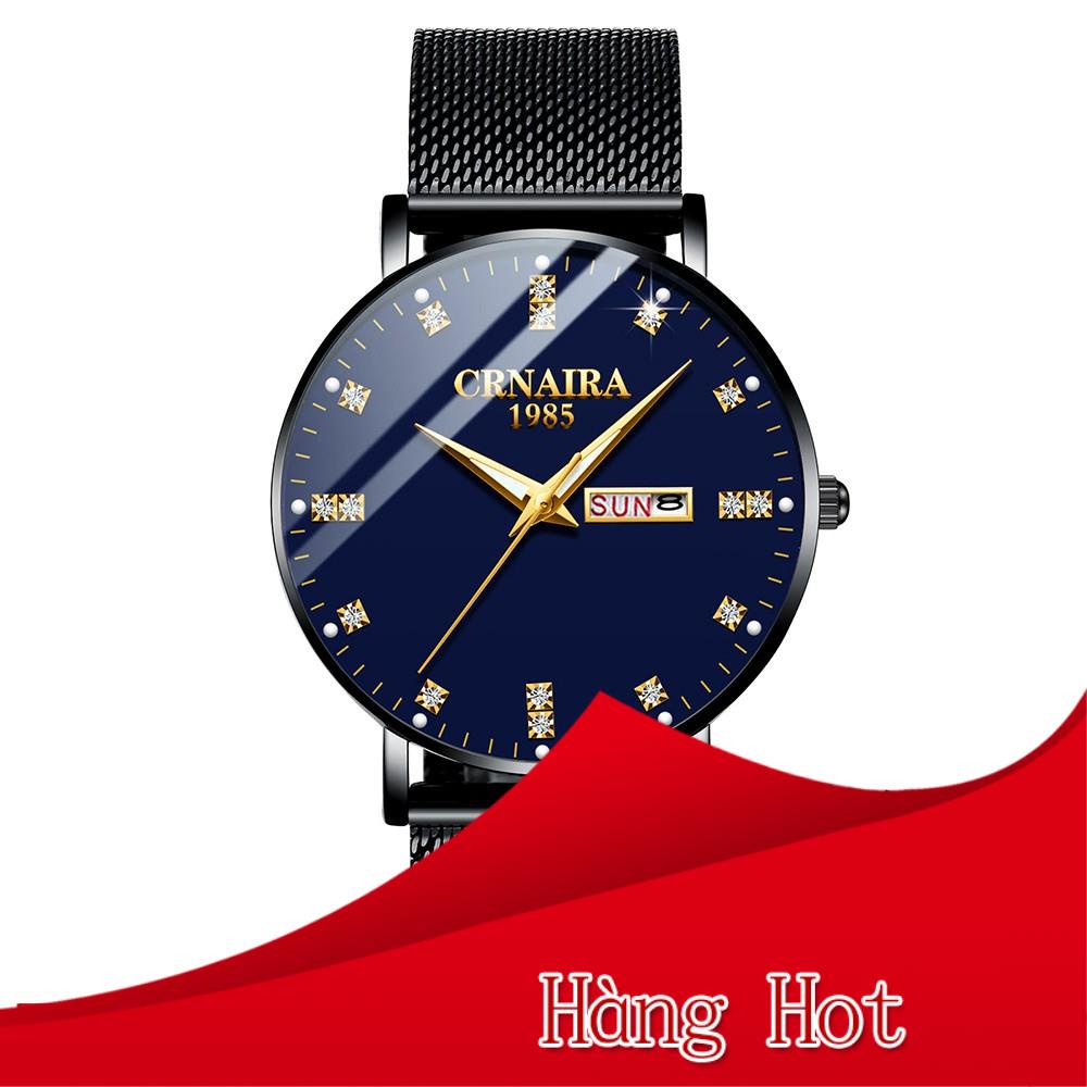 Đồng Hồ Nam CRNAIRA JAPAN SL28 Mặt Đính Đá 2 Lịch Máy Mỏng Dây Thép
