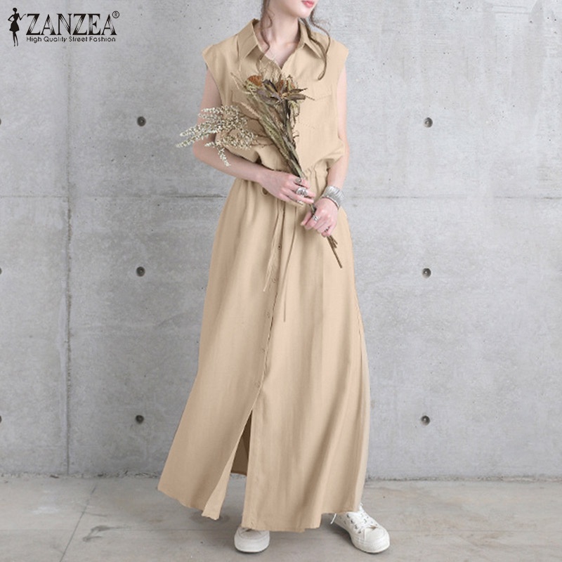 Đầm dài ZANZEA dài dây rút không tay thời trang đường phố mùa hè cho nữ