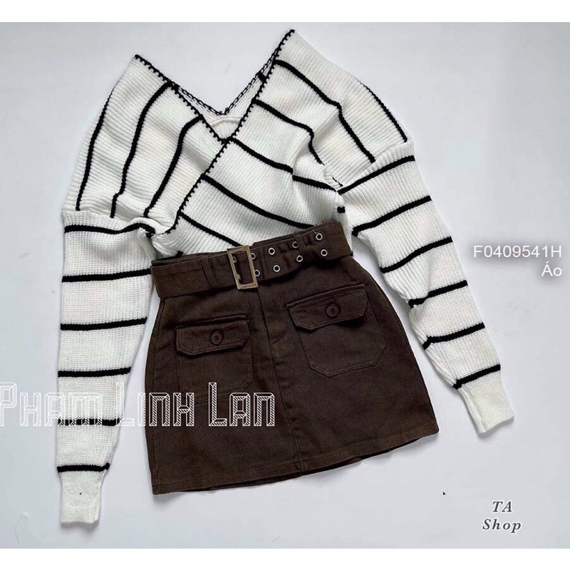 Áo Len đắp chéo ngực bẹt vai sọc kẻ TT0409