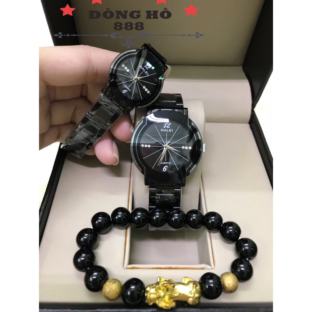 Cặp đồng hồ nam nữ HALEI dây thép- TẶNG 1 vòng tỳ hưu phong thủy