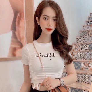 Áo croptop ôm body cổ tròn thêu chữ ký rút dây 2 bên cực hot
