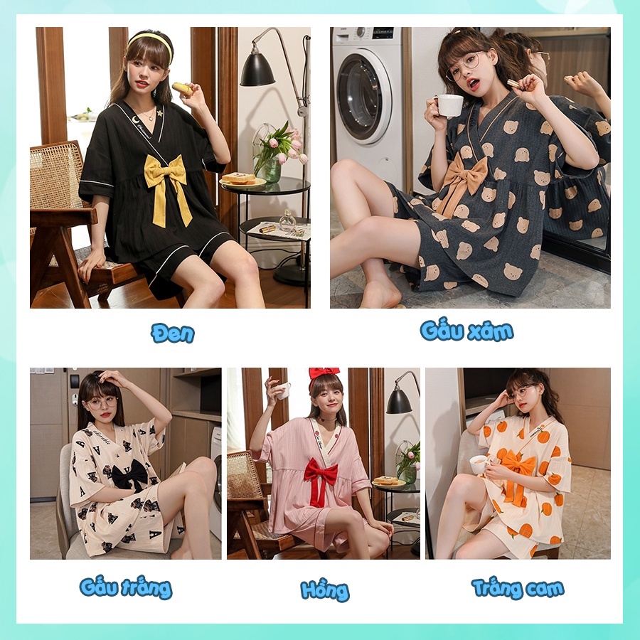 Đồ ngủ kimono tiểu thư mặc nhà cao cấp tay cộc quần cộc chất cotton gân tăm mềm mịn BCC21