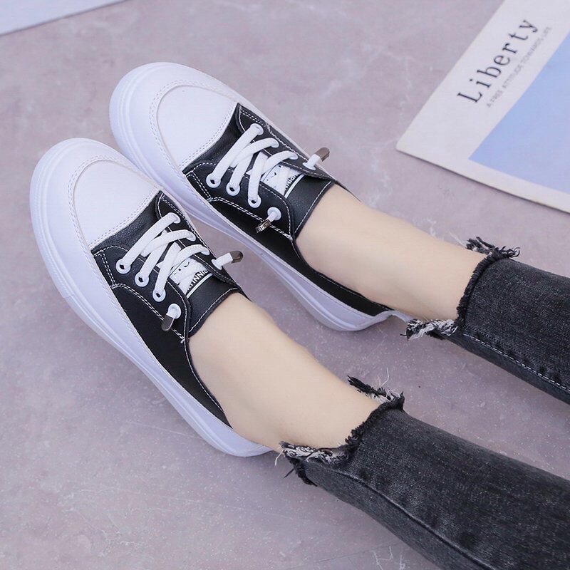 Giày nữ| giày lười nữ đen trắng dây rút cá tính, giày slip on nữ
