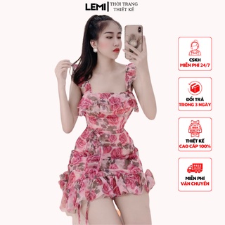 Váy hoa nhí chất liệu voan lụa 2 lớp, Đầm 2 dây bèo rút eo chân váy đuôi cá tôn dáng, thiết kế dáng ôm sang trọng
