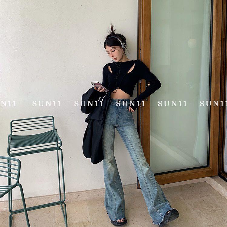 Áo Thun Tay Dài Cổ Tròn Dáng Ngắn Thời Trang Hàn Quốc