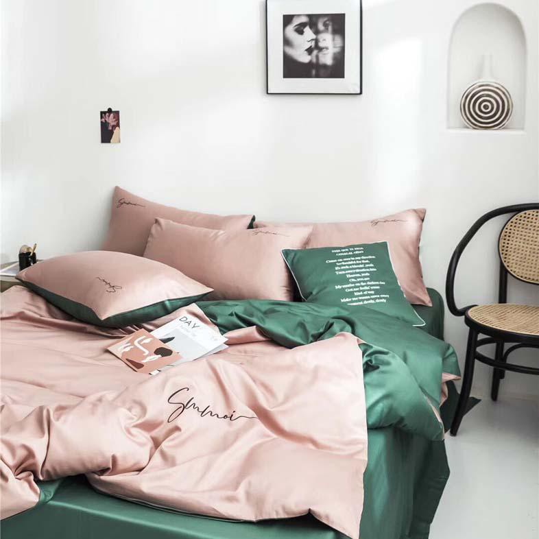 Bộ Chăn Ga Gối Lụa LIDACO cotton lụa trơn sợi vải 60s - Hồng ga xanh rêu