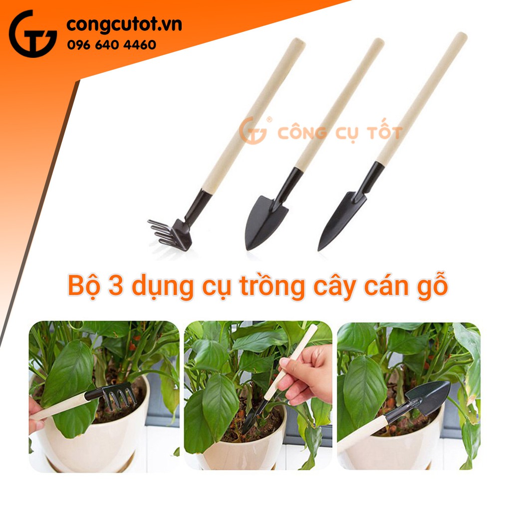 Bộ 3 dụng cụ trồng cây, xẻng làm bườn mini cán gỗ