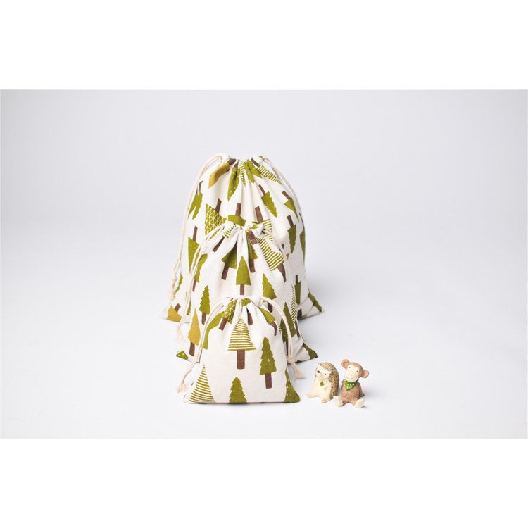 Túi dây rút vải lanh cotton in hình cây thông Noel