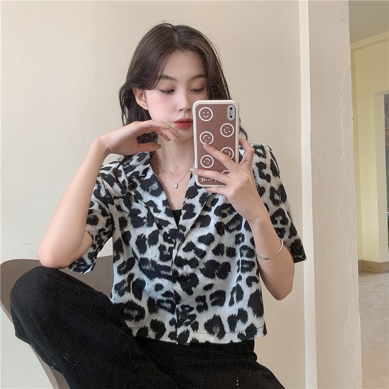 Áo Kiểu Tay Ngắn Cổ Chữ V Hoạ Tiết Da Báo Thời Trang Mùa Hè