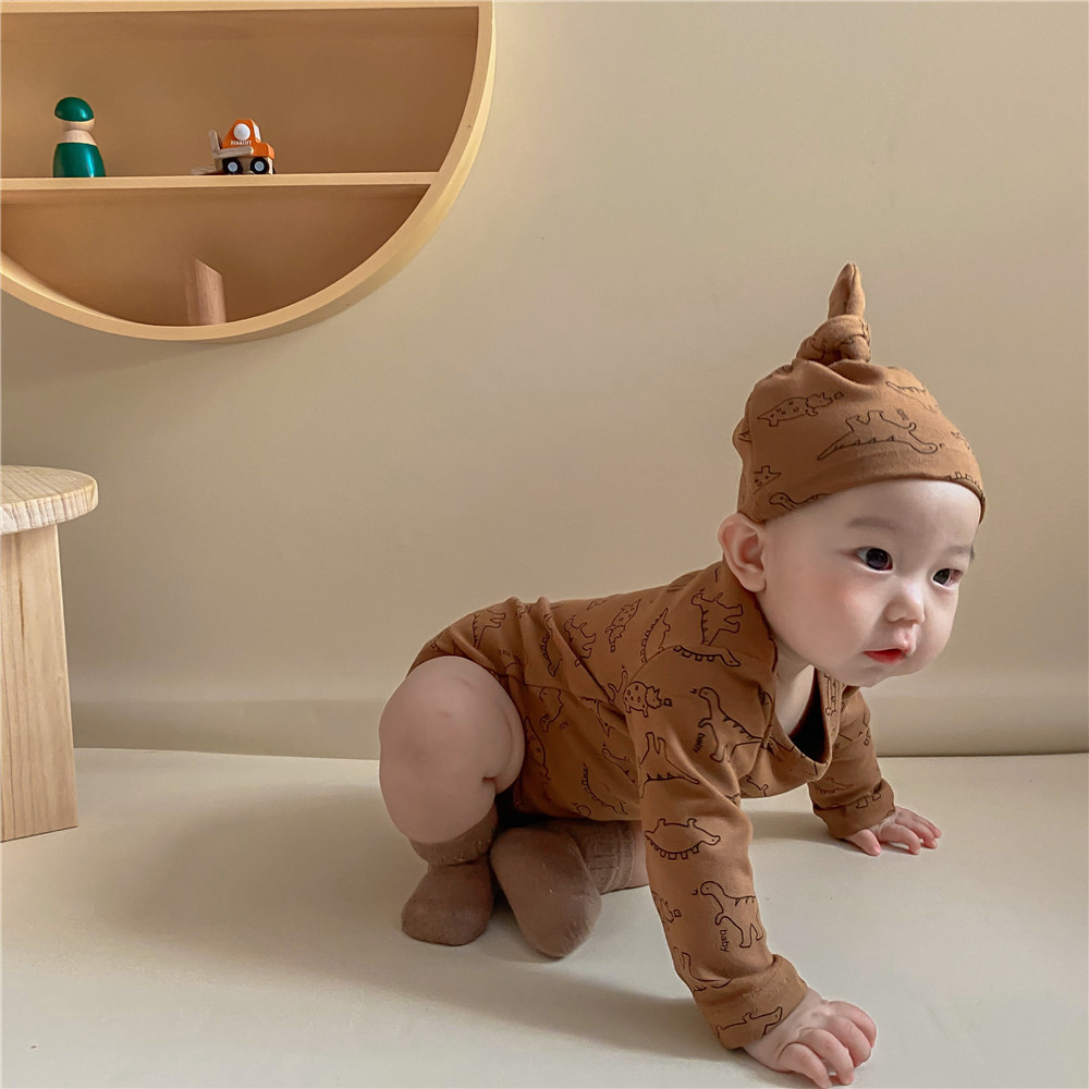 Áo liền quần + mũ in họa tiết khủng long cá tính dành cho bé sơ sinh