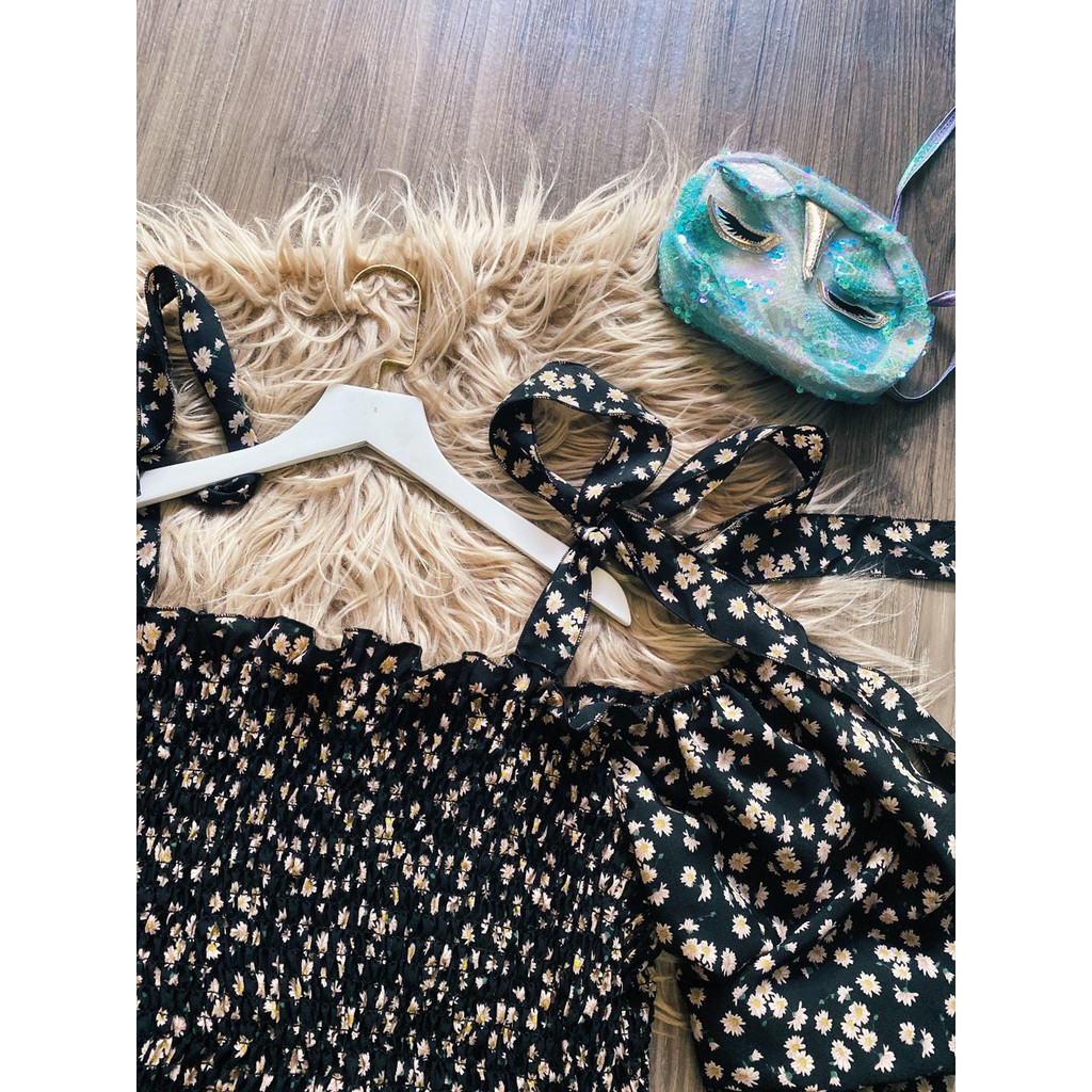 Đầm hoa cúc ulzzang tay bồng bigsize vai nơ 75-110kg