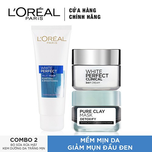 Hàng Mới Bộ sản phẩm dưỡng da trắng mịn ban ngày và mặt nạ đất sét L'Oreal Paris White Perfect (Chính hãng)