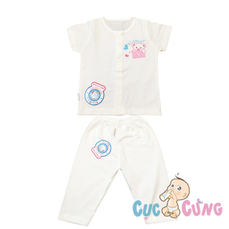 Áo sơ sinh Hello BB cài nút giữa tay ngắn số 3 - hình gấu hồng + Quần dài trắng sơ sinh Hello BB số 3