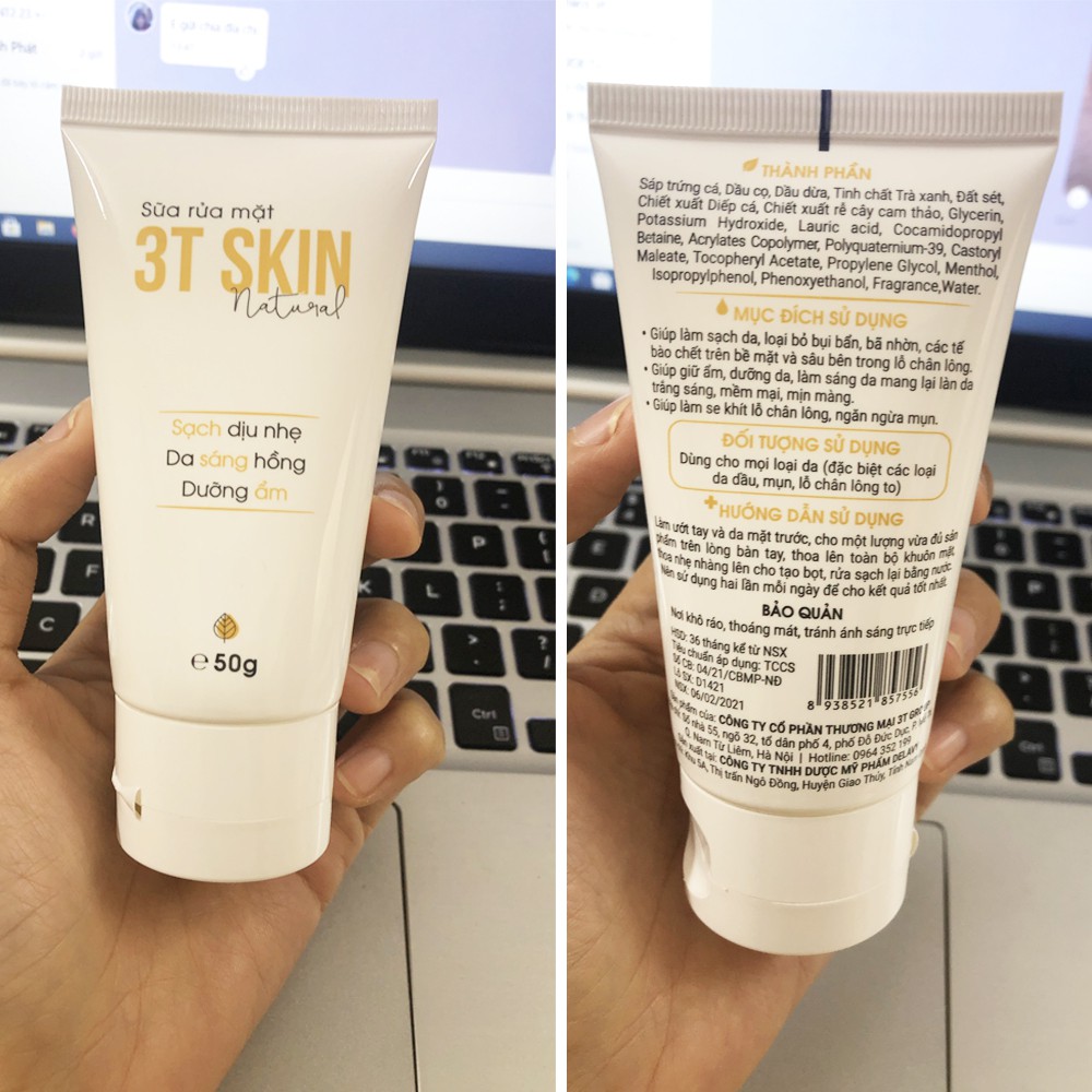 Combo 2 Sữa Rửa Mặt Dịu Nhẹ 3T Skin Sạch Sâu, Dưỡng Ẩm, Giúp Da Trắng Sáng, Mịn Màng (2 Tuýp x 50g)