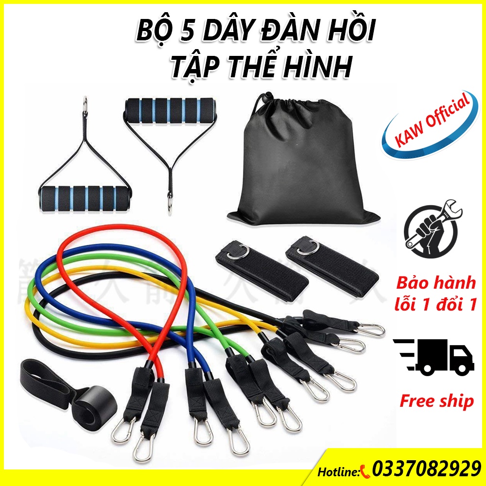 Dây kháng lực tập gym ⭐️FREE SHIP⭐️ Bộ 5 dây ngũ sắc đàn hồi tập thể hình, tập gym móc thep bền chắc - Loại tốt