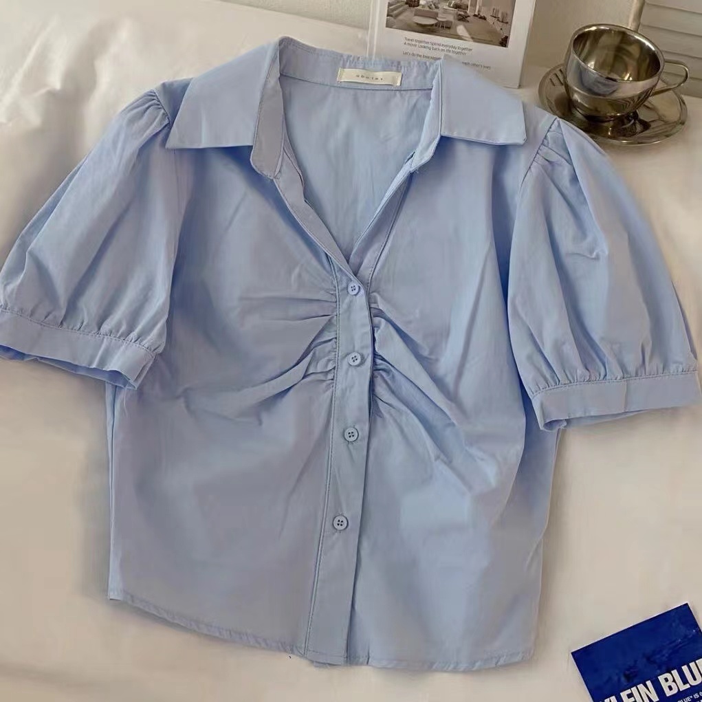 Áo sơ mi BH tay phồng ngắn xếp ly thời trang Hàn Quốc mới cho nữ