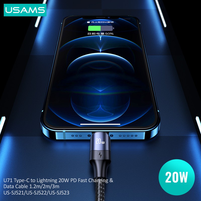 Usams Dây Cáp Sạc Nhanh 1.2m 2m 3m 20W USB C IP Cho i8-14