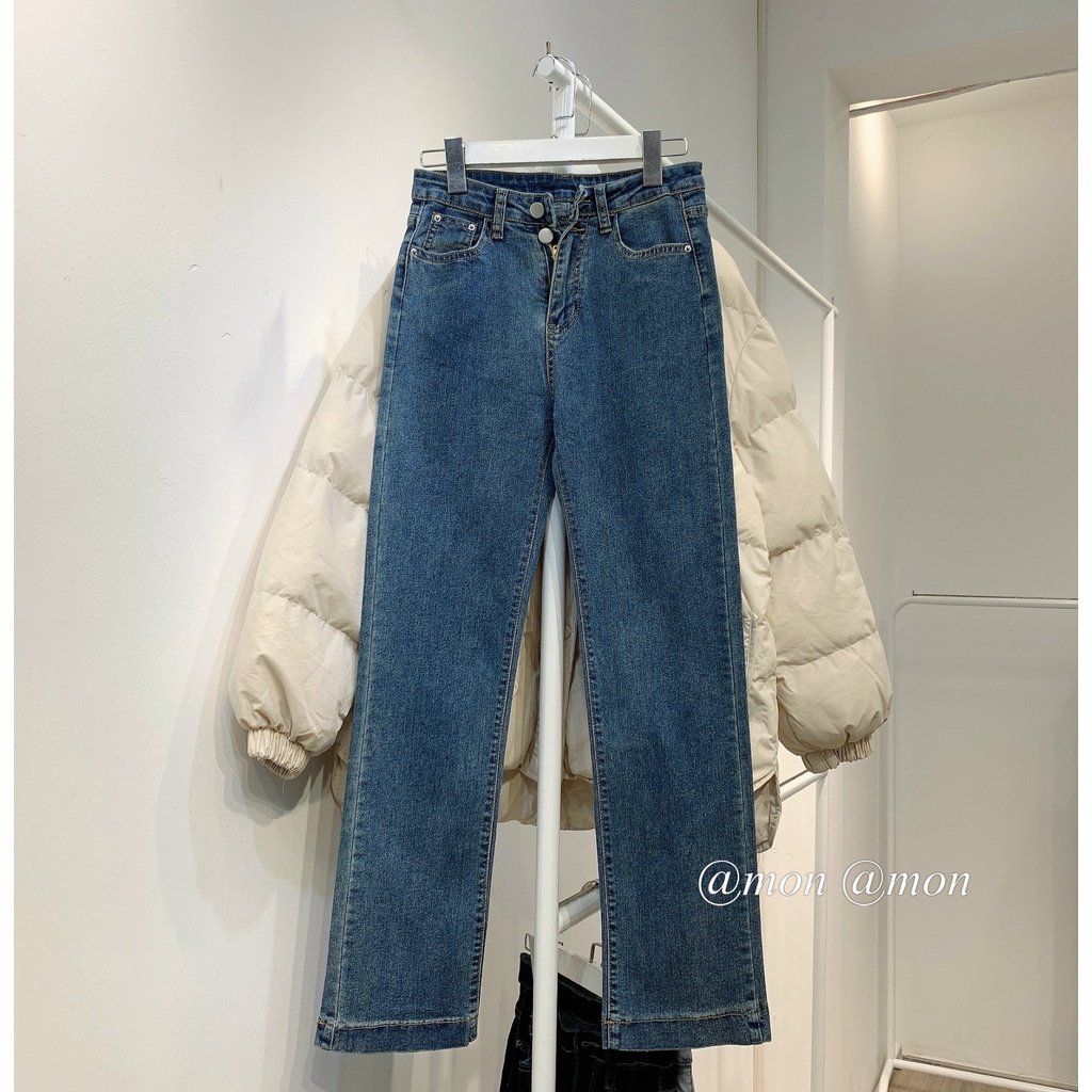 210811 Quần jeans ulzzang ống đứng, quần jeans loe nhẹ gập gấu co giãn tốt