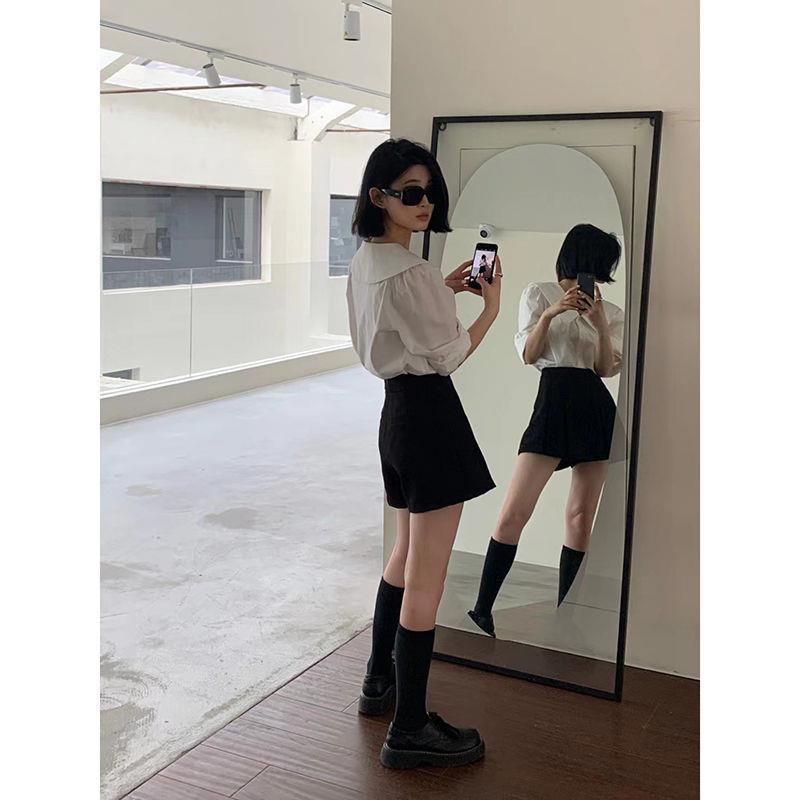 Quần Short Giả Váy Chữ A Lưng Cao Màu Đen Phong Cách Phương Tây Thời Trang Cho Nữ